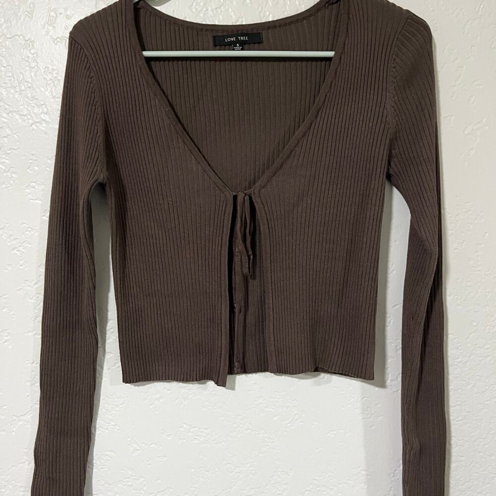 Pacsun LOVE TREE Brown Bolero Jacket Tie Up Knit Long Sleeve Top Sz Small
